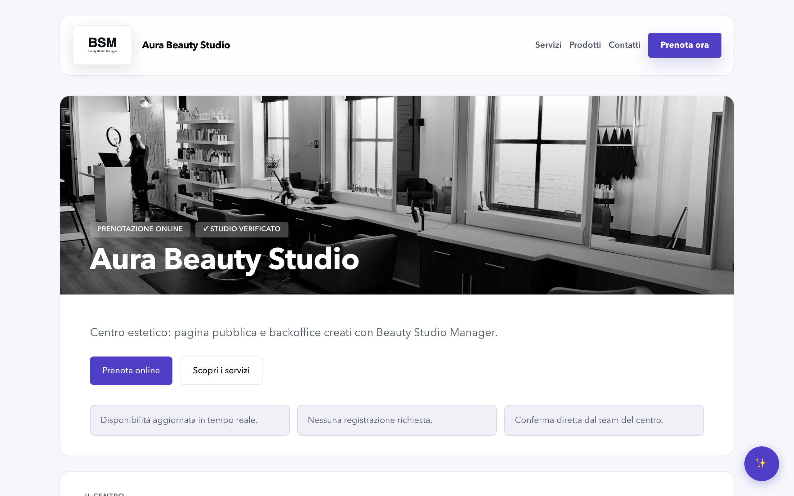 Pagina pubblica di un centro demo creata con Beauty Studio Manager, versione desktop