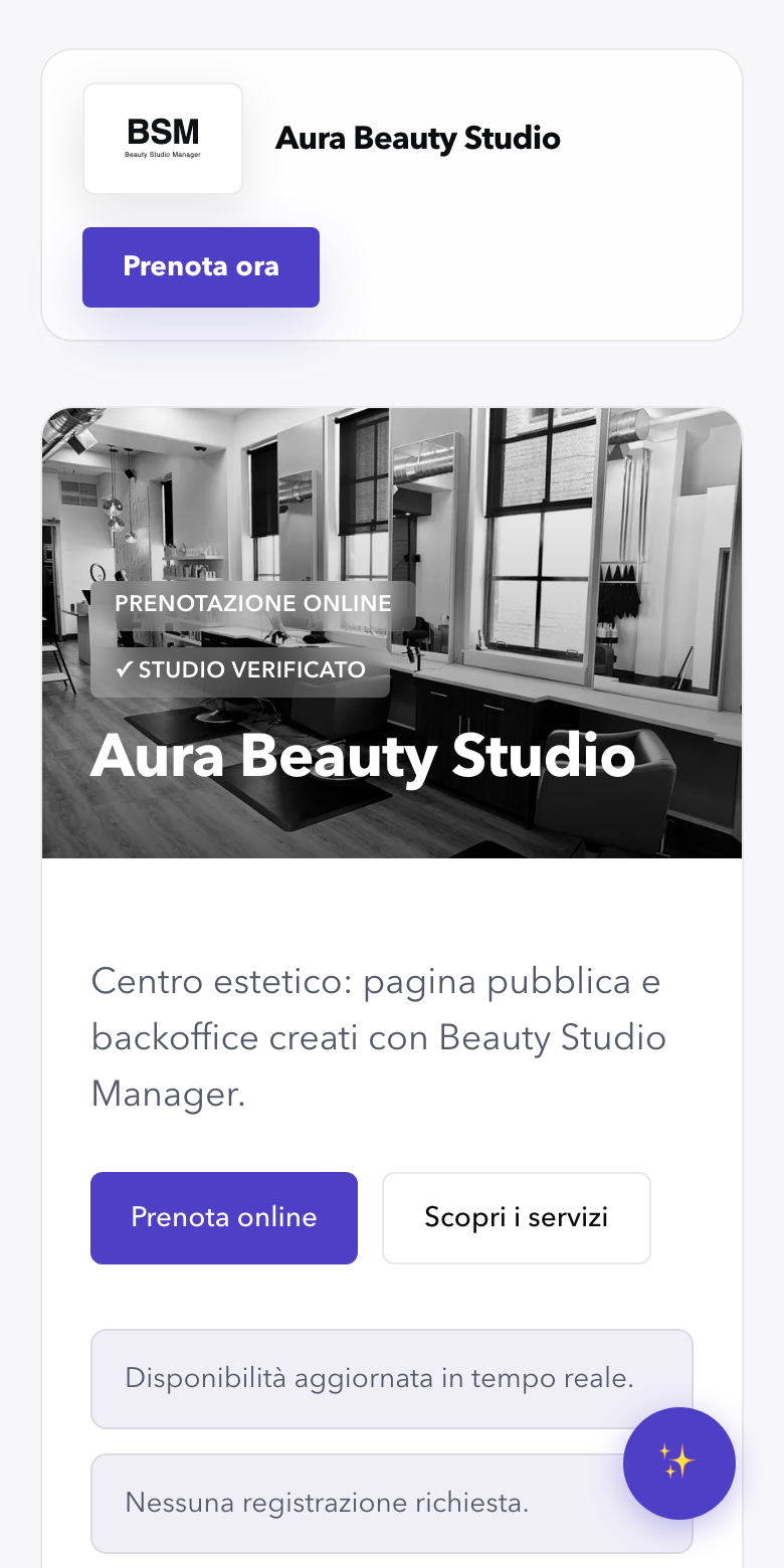 Pagina pubblica di prenotazione Beauty Studio Manager visualizzata su smartphone